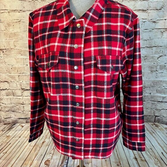 Lucky Brand Lined Shacket Plaid Flannel Button Down Red Black Womens Size XL NWT - Picture 3 of 7
